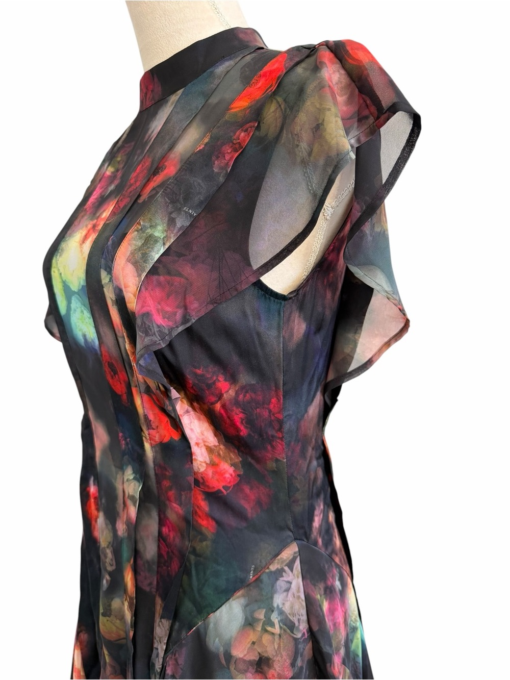 AllSaints Fleur Bianca Flutter Sleeve Pleated Dress in Multicolor Floral Print - Picture 7 of 11